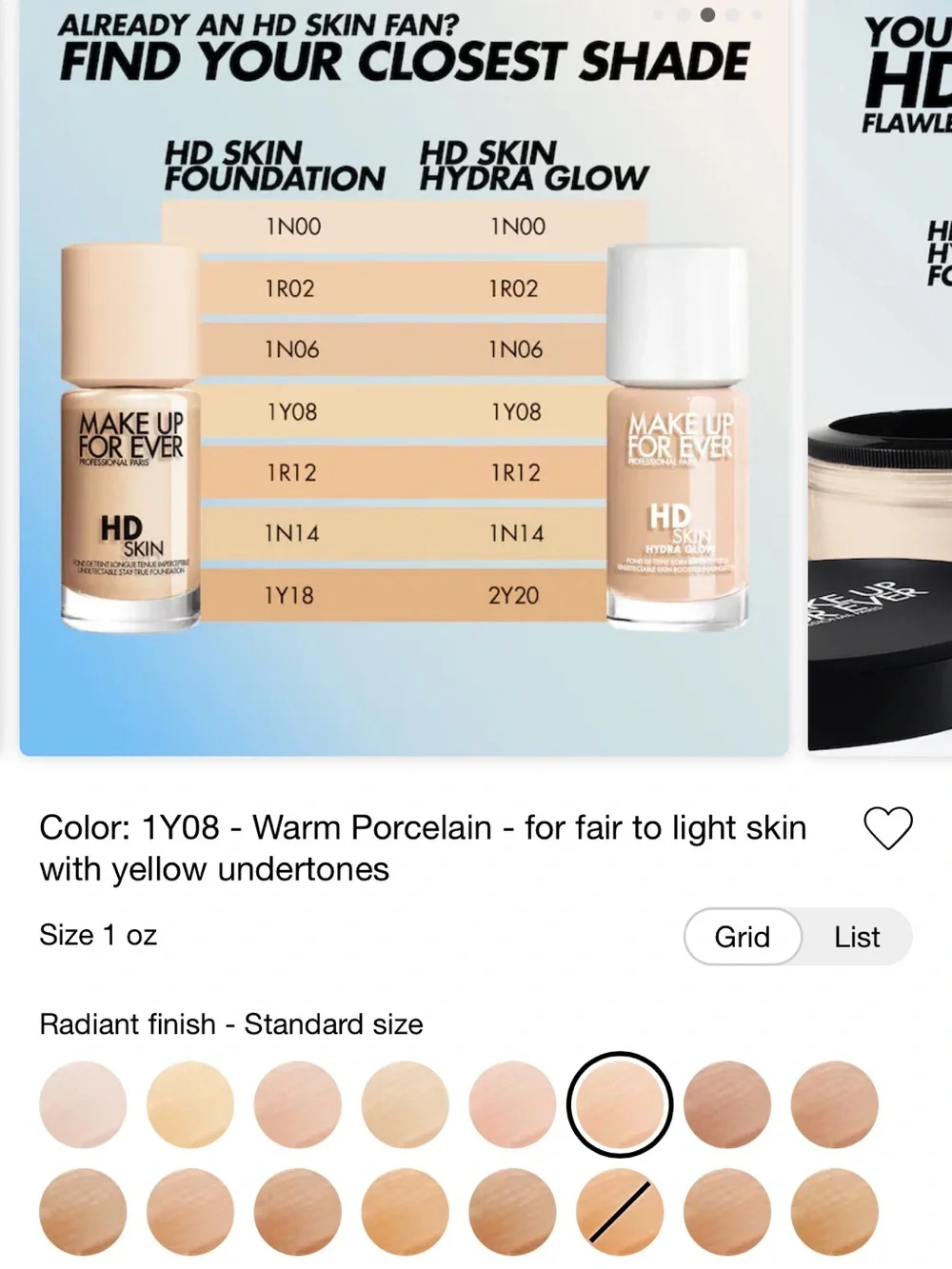 Makeup Forever HD Skin Hydra Glow Foundation - 1Y08 Warm Porcelain Fair to Light